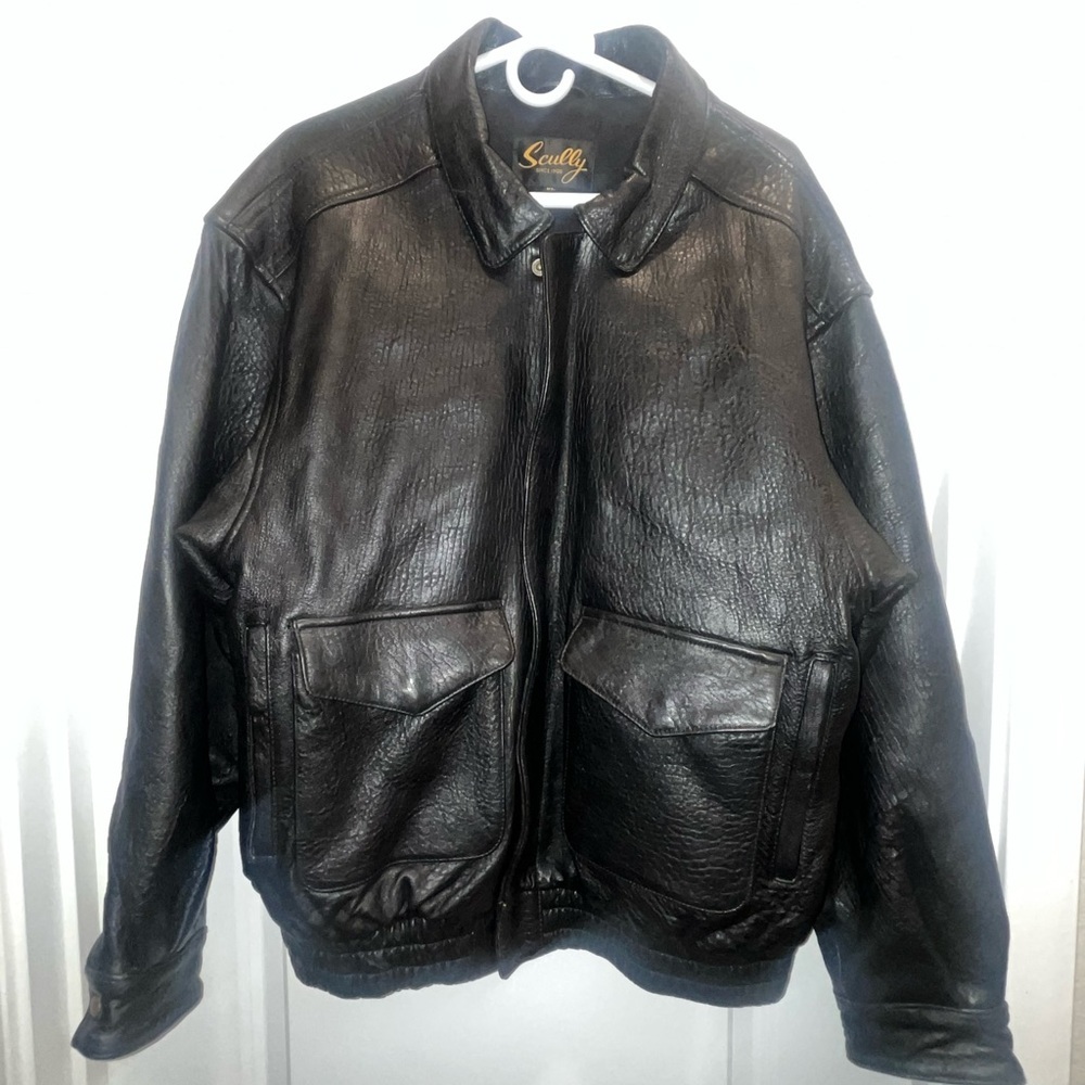 Vintage Scully Black Pebble Leather Flight Bomber Jacket Mens XL Flannel Lined - Picture 1 of 5